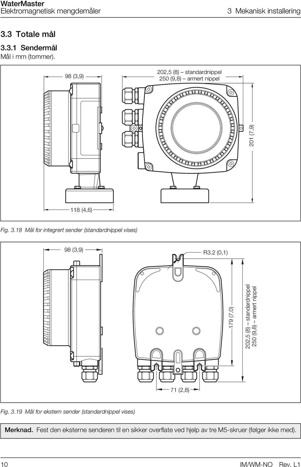 18 Mål for integrert sender (standardnippel vises) 98 (3,9) R3.