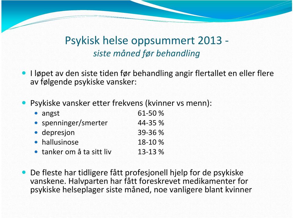 44-35 % depresjon 39-36 % hallusinose 18-10 % tanker omåtasittliv 13-13 % De fleste har tidligere fått profesjonell hjelp