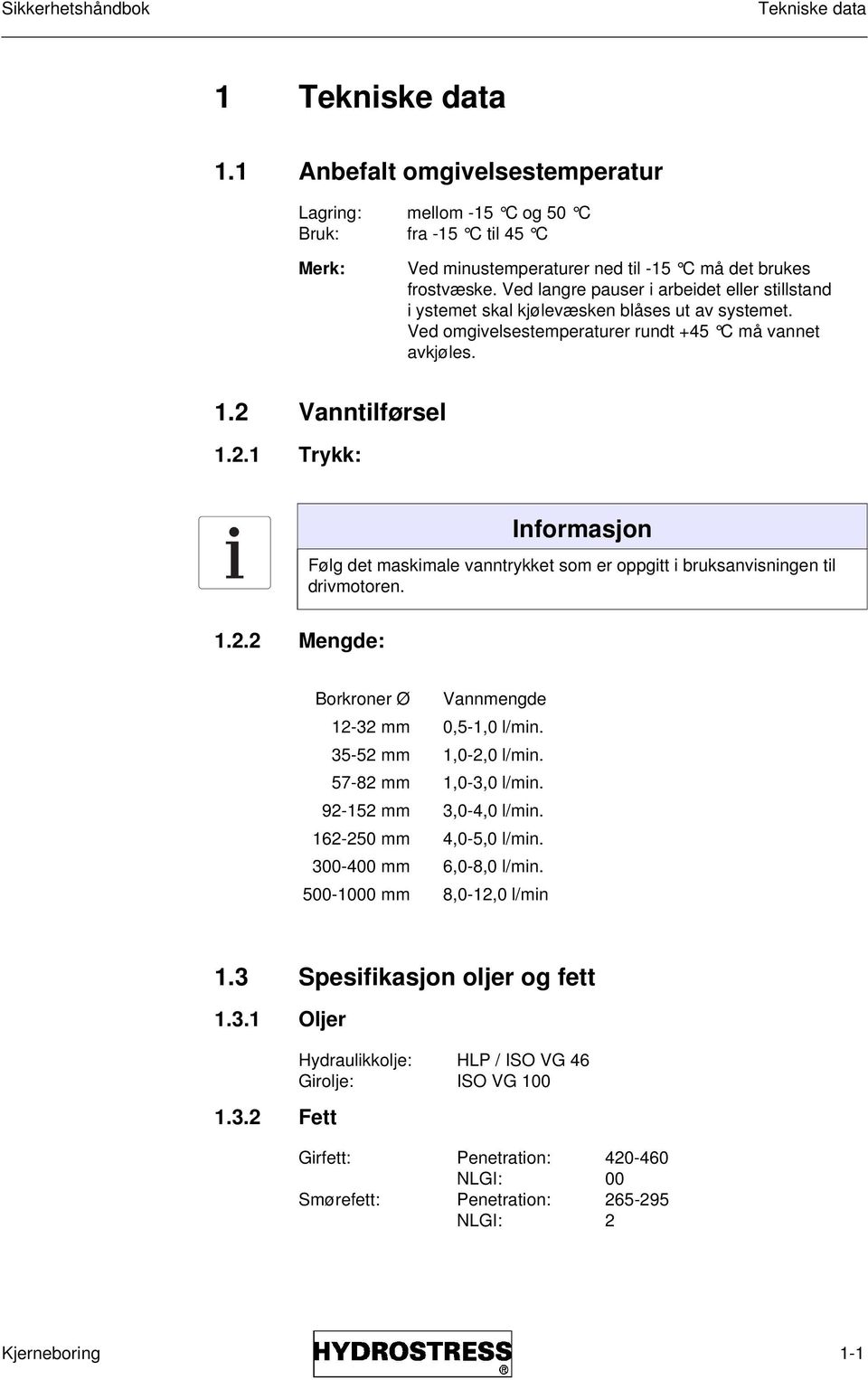 Vanntilførsel 1.2.1 Trykk: 1.2.2 Mengde: Informasjon Følg det maskimale vanntrykket som er oppgitt i bruksanvisningen til drivmotoren. Borkroner Ø Vannmengde 12-32 mm 0,5-1,0 l/min.