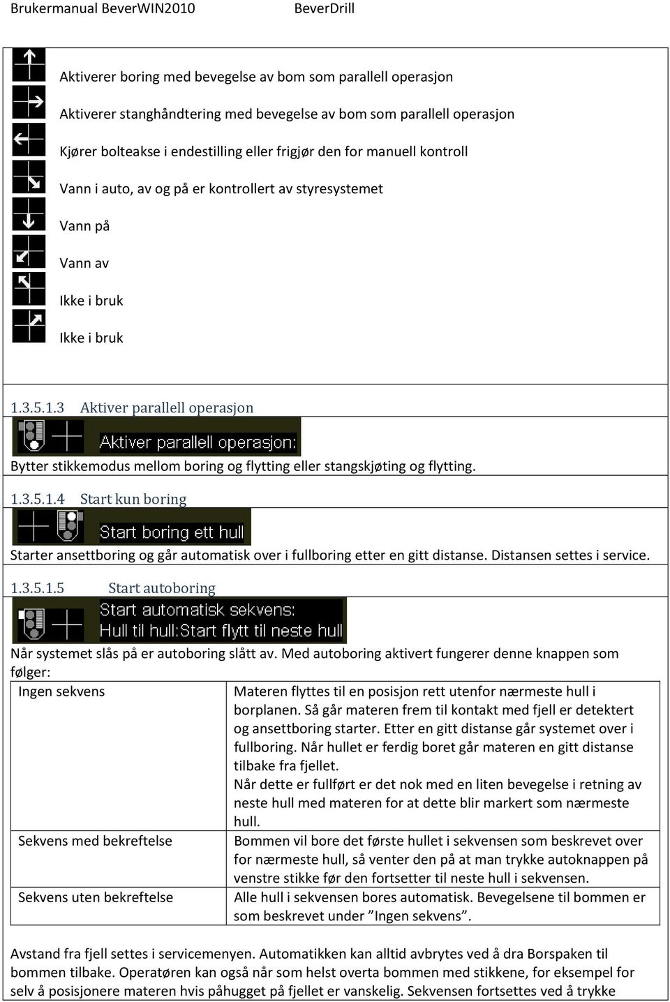 3.5.1.3 Aktiver parallell operasjon Bytter stikkemodus mellom boring og flytting eller stangskjøting og flytting. 1.3.5.1.4 Start kun boring Starter ansettboring og går automatisk over i fullboring etter en gitt distanse.