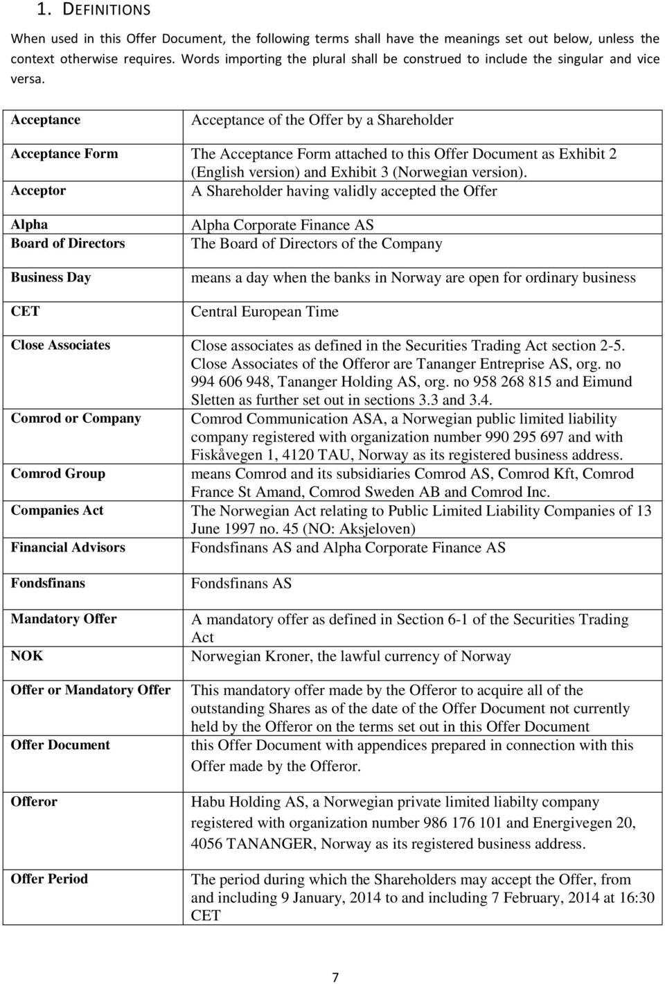 Acceptance Acceptance of the Offer by a Shareholder Acceptance Form The Acceptance Form attached to this Offer Document as Exhibit 2 (English version) and Exhibit 3 (Norwegian version).