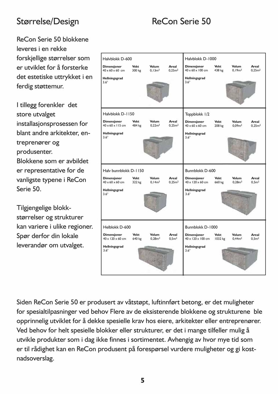 6 Halvblokk D-1000 Dimensjoner Vekt Volum Areal 40 x 60 x 100 cm 438 kg 0,19m 3 0,25m 2 Hellningsgrad 3.