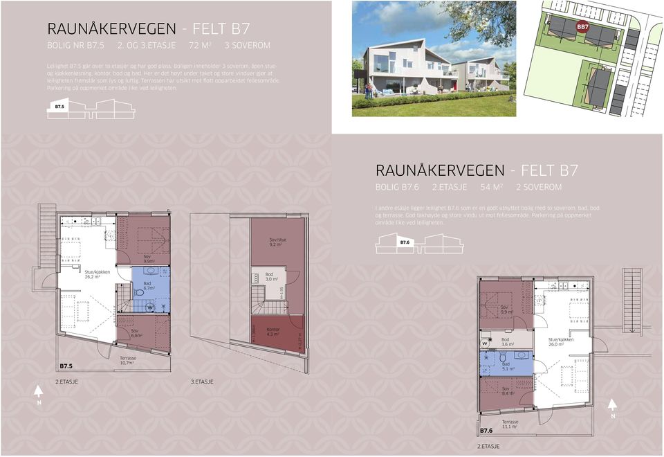 5 Rauåkervege - Felt B7 BOLIG B7.6 2.etasje 54 m2 2 soverom I adre etasje ligger leilighet B7.6 som er e godt utyttet bolig med to soverom, bad, bod og terrasse.