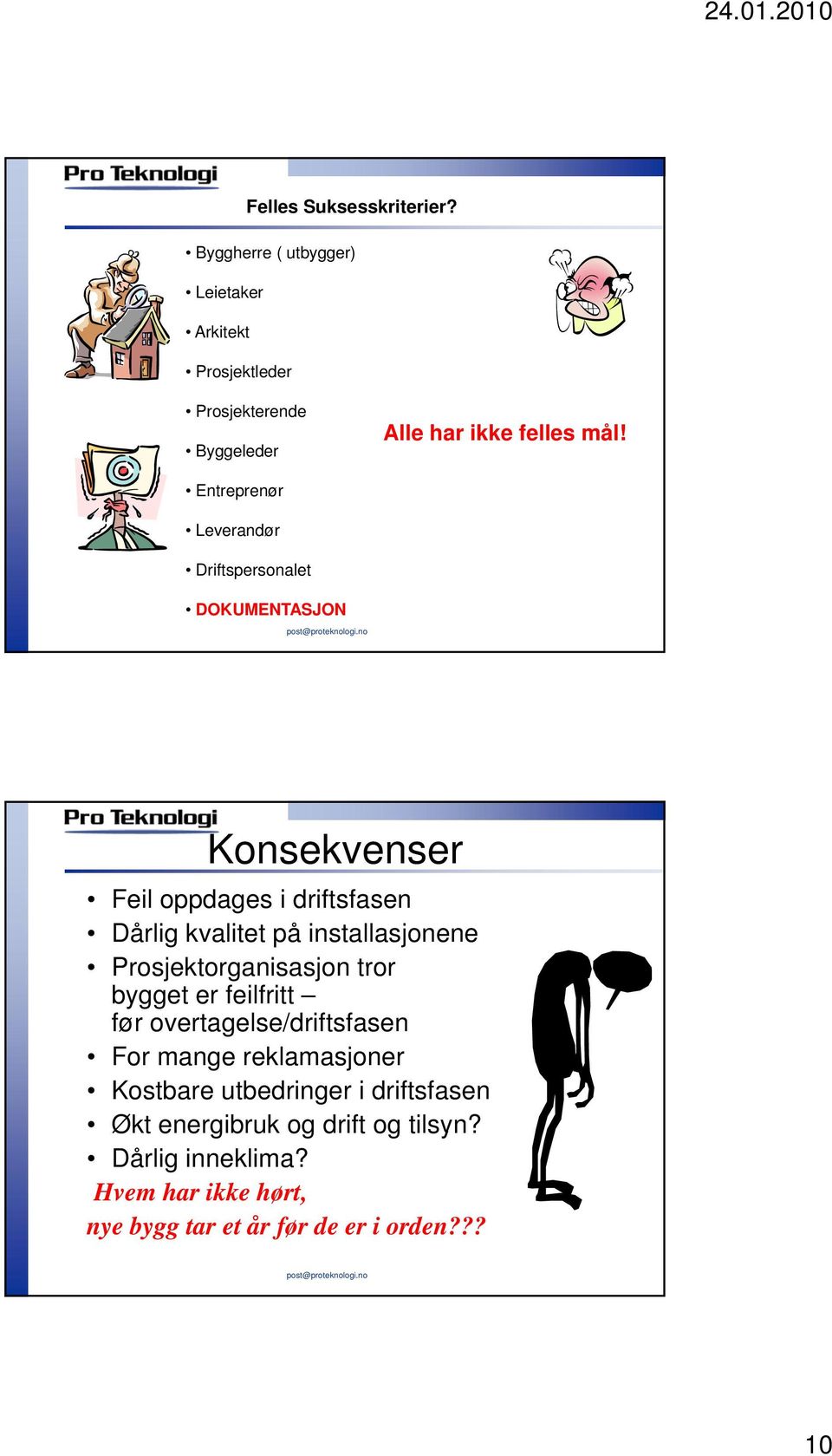 Entreprenør Leverandør Driftspersonalet DOKUMENTASJON Konsekvenser Feil oppdages i driftsfasen Dårlig kvalitet på