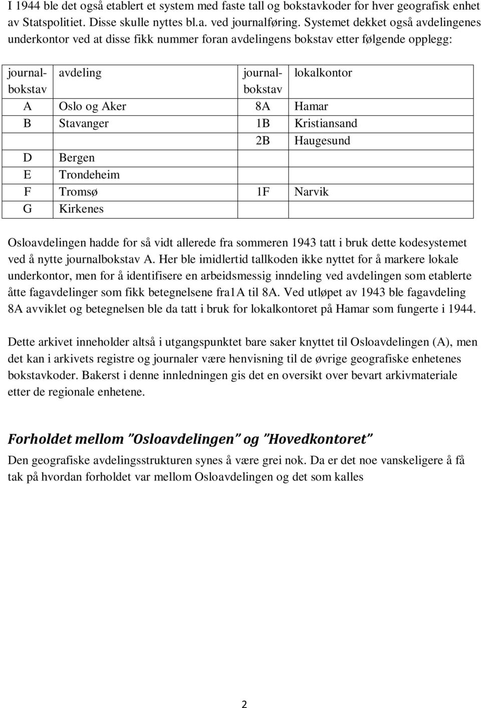 Stavanger 1B Kristiansand 2B Haugesund D Bergen E Trondeheim F Tromsø 1F Narvik G Kirkenes Osloavdelingen hadde for så vidt allerede fra sommeren 1943 tatt i bruk dette kodesystemet ved å nytte