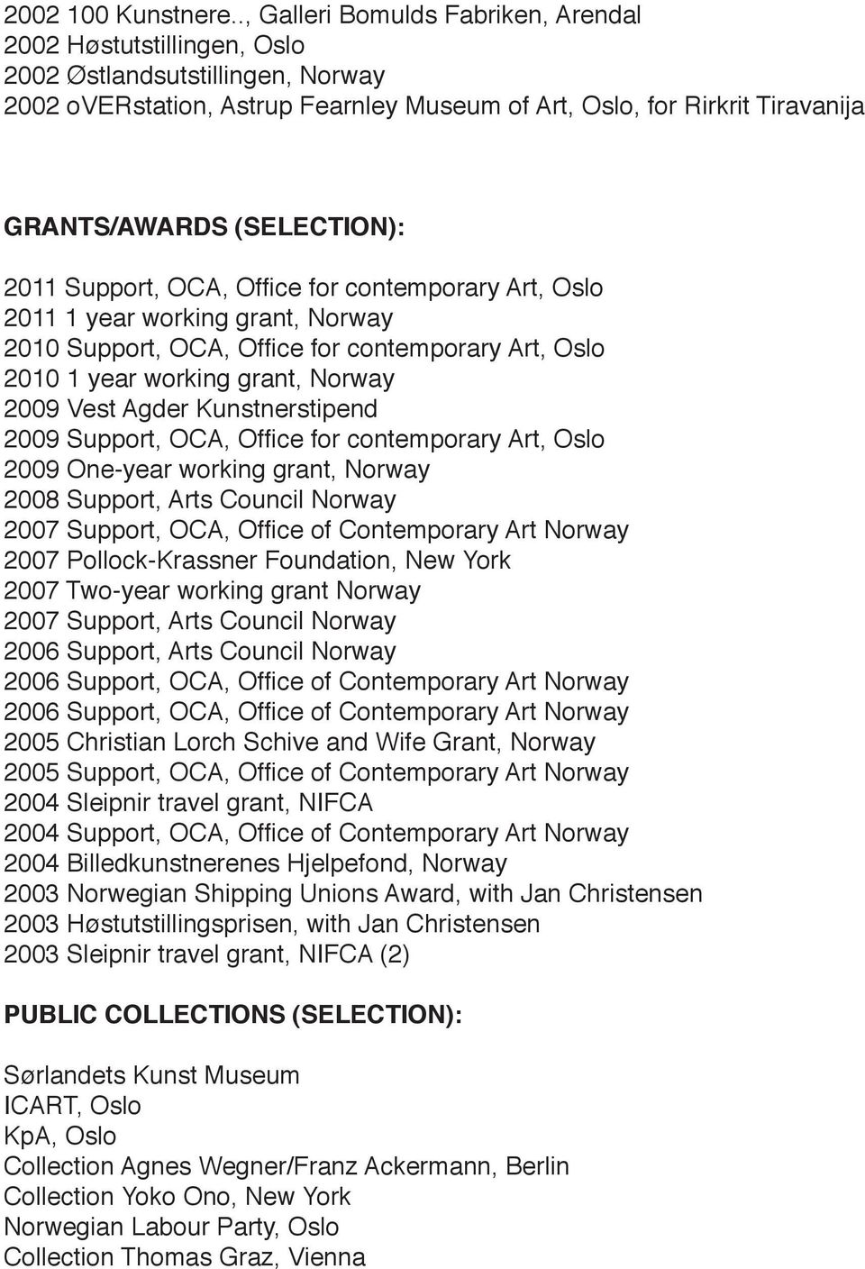 (SELECTION): 2011 Support, OCA, Office for contemporary Art, Oslo 2011 1 year working grant, Norway 2010 Support, OCA, Office for contemporary Art, Oslo 2010 1 year working grant, Norway 2009 Vest