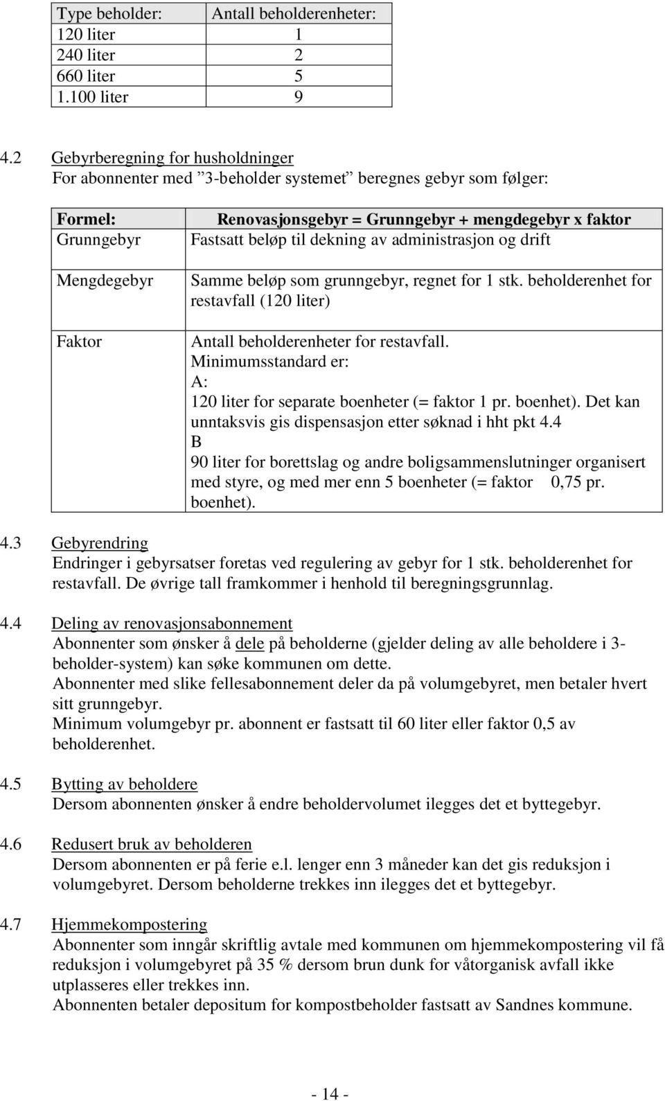 Fastsatt beløp til dekning av administrasjon og drift Samme beløp som grunngebyr, regnet for 1 stk. beholderenhet for restavfall (120 liter) Antall beholderenheter for restavfall.