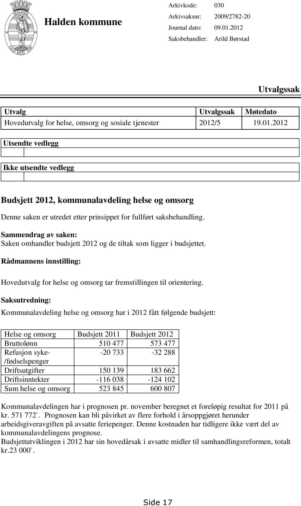 Sammendrag av saken: Saken omhandler budsjett 2012 og de tiltak som ligger i budsjettet. Rådmannens innstilling: Hovedutvalg for helse og omsorg tar fremstillingen til orientering.