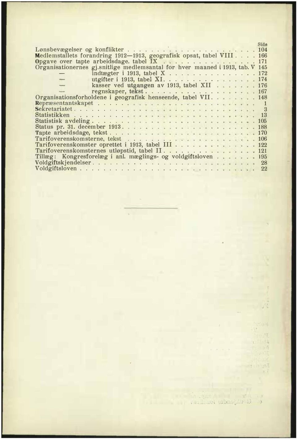 ........... 67 Organisationsforhodene i geografisk henseende, tab e V. 48 Rep ræsentantskapet..... Sekretariatet......... 3 Statistikken......... 3 Statistisk avdeing...... 05 Status pr. 3. decem ber 93.