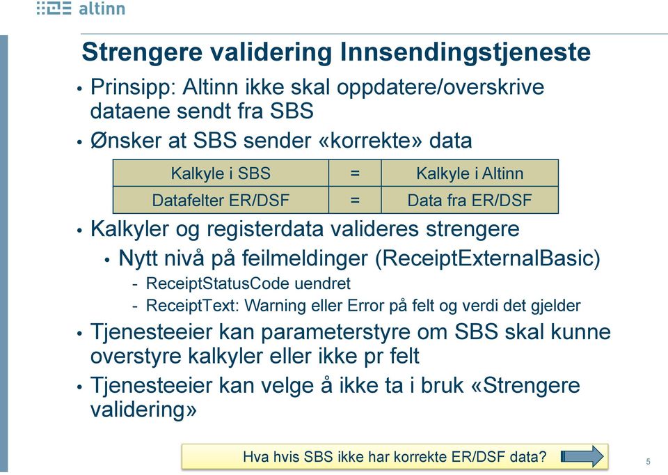 (ReceiptExternalBasic) - ReceiptStatusCode uendret - ReceiptText: Warning eller Error på felt og verdi det gjelder Tjenesteeier kan parameterstyre om