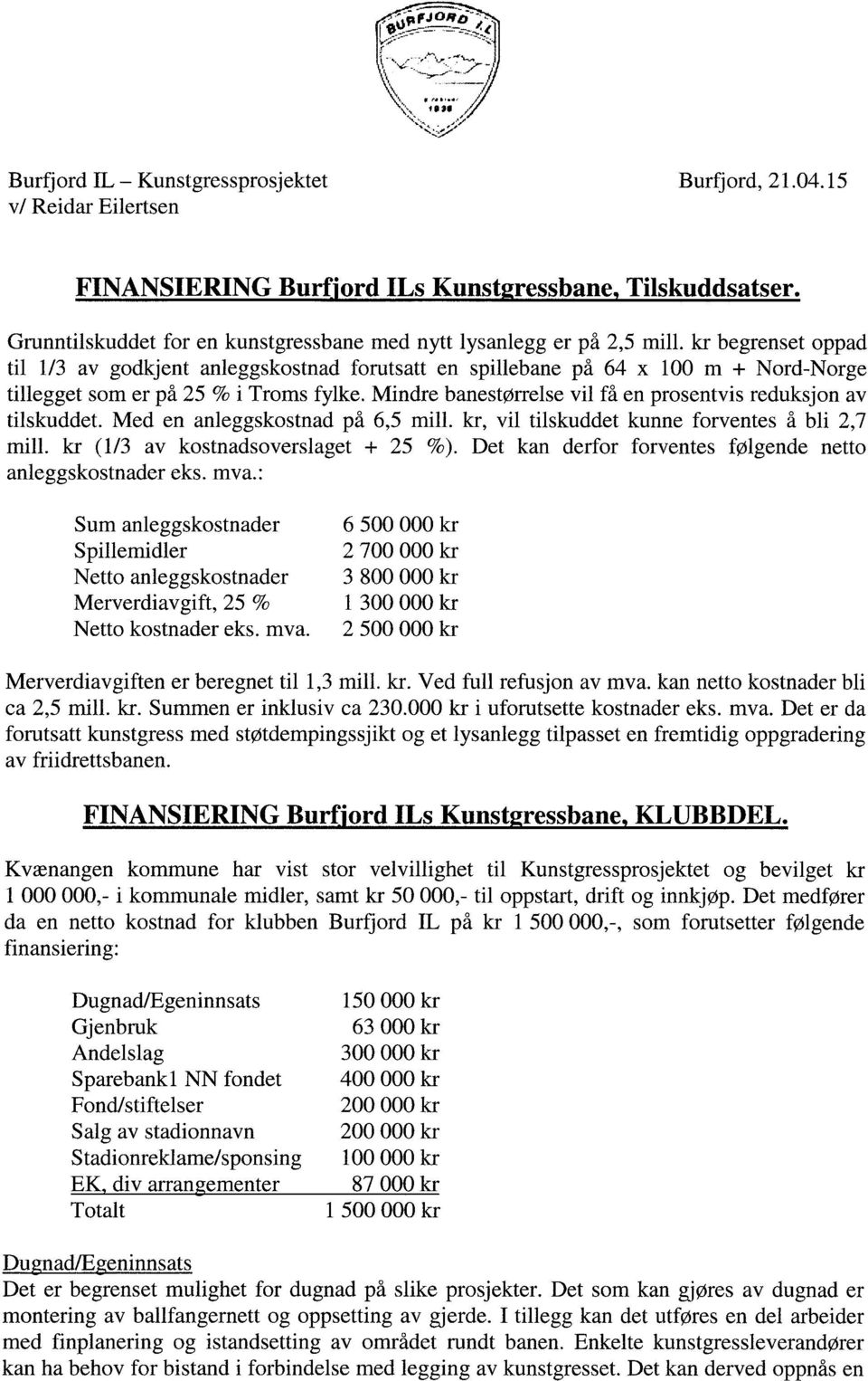 kr begrenset oppad til 1/3 av godkjent anleggskostnad forutsatt en spillebane på 64 x 100 m + Nord-Norge tillegget som er på 25 % i Troms fylke.