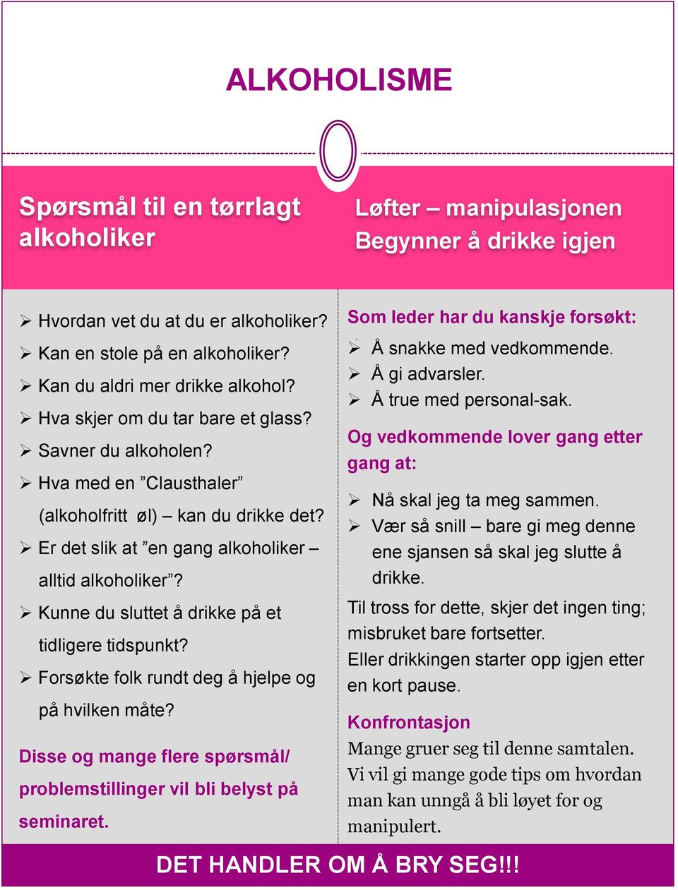 Kunne du sluttet å drikke på et tidligere tidspunkt? Forsøkte folk rundt deg å hjelpe og på hvilken måte? Disse og mange flere spørsmål/ problemstillinger vil bli belyst på seminaret.