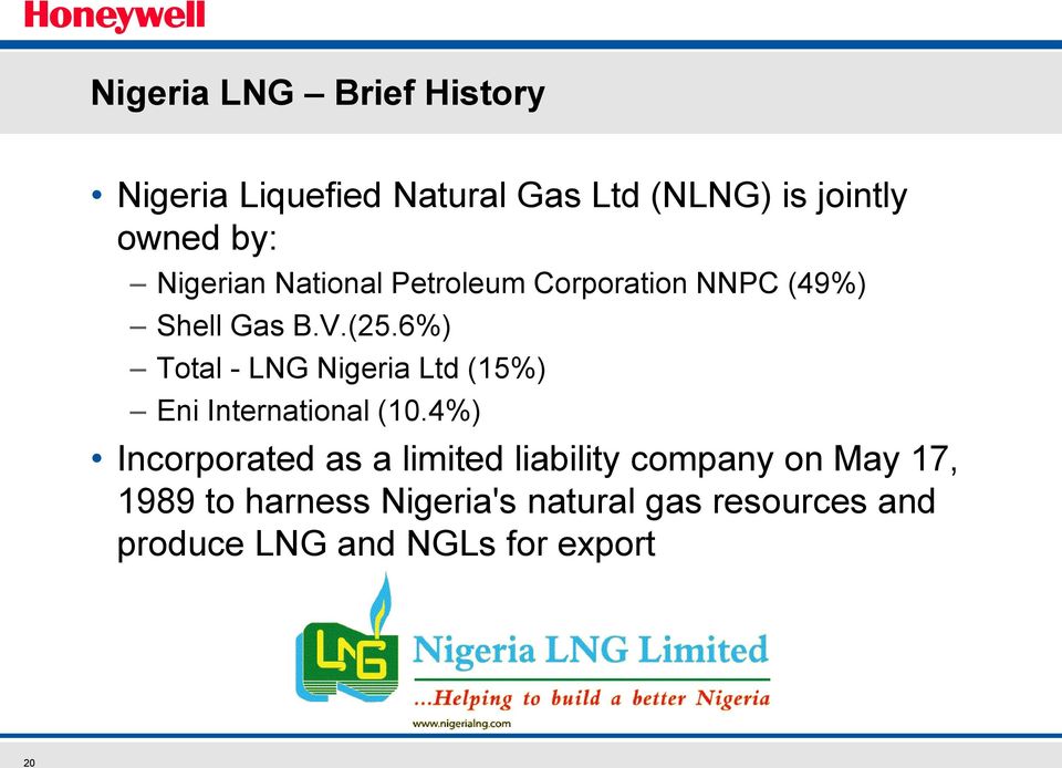 6%) Total - LNG Nigeria Ltd (15%) Eni International (10.