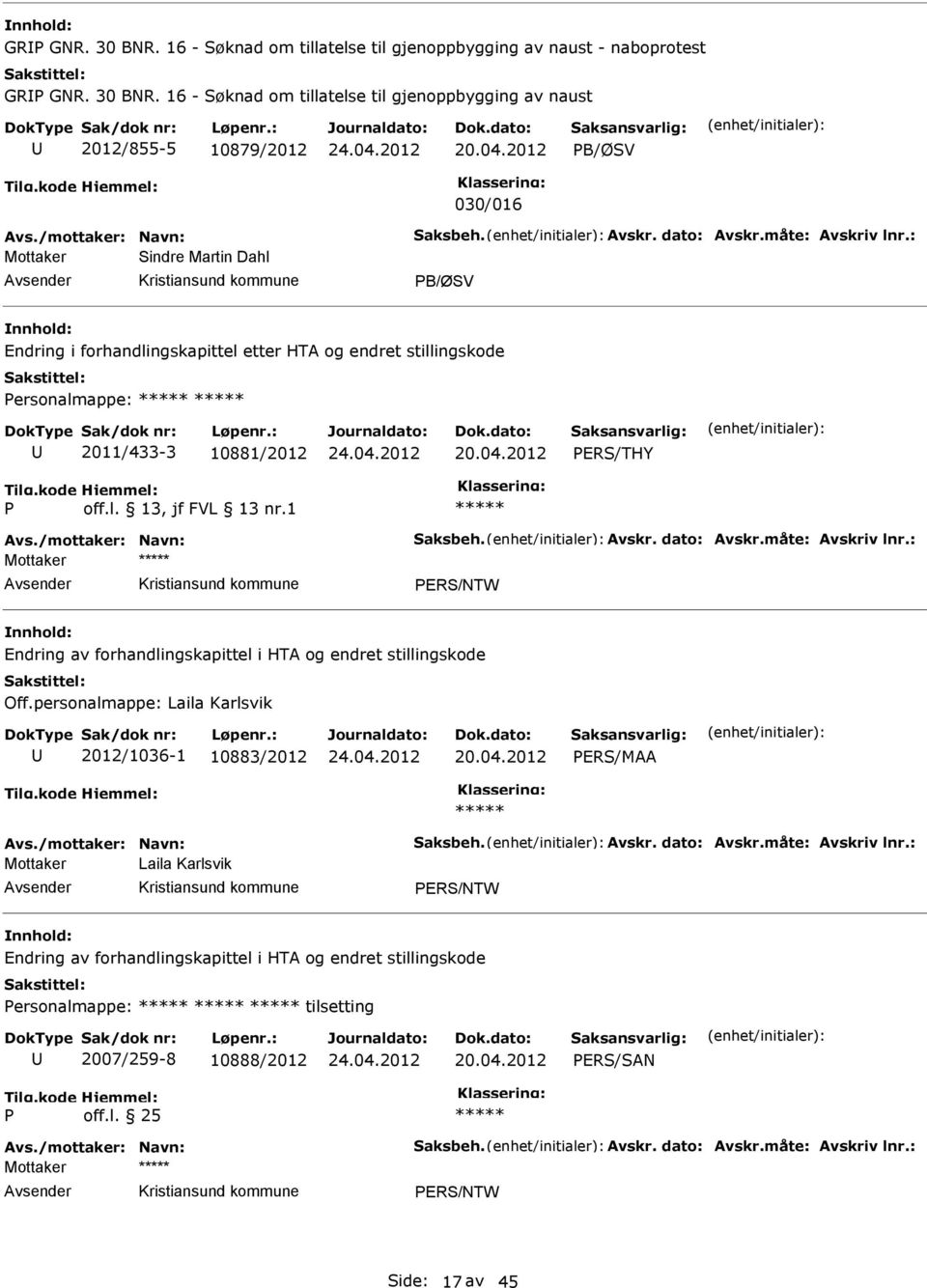 : Sindre Martin Dahl PB/ØSV ndring i forhandlingskapittel etter HTA og endret stillingskode Personalmappe: 2011/433-3 10881/2012 PRS/THY P off.l. 13, jf FVL 13 nr.1 Avs.