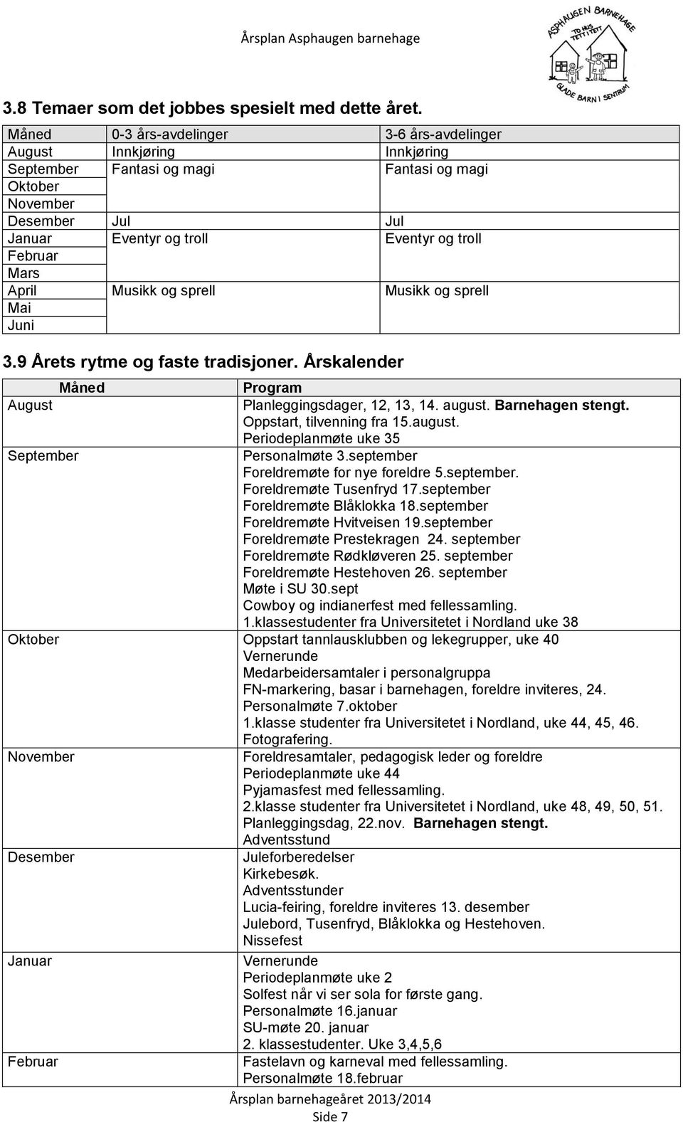 Mars April Musikk og sprell Musikk og sprell Mai Juni 3.9 Årets rytme og faste tradisjoner. Årskalender Måned August September Program Planleggingsdager, 12, 13, 14. august. Barnehagen stengt.