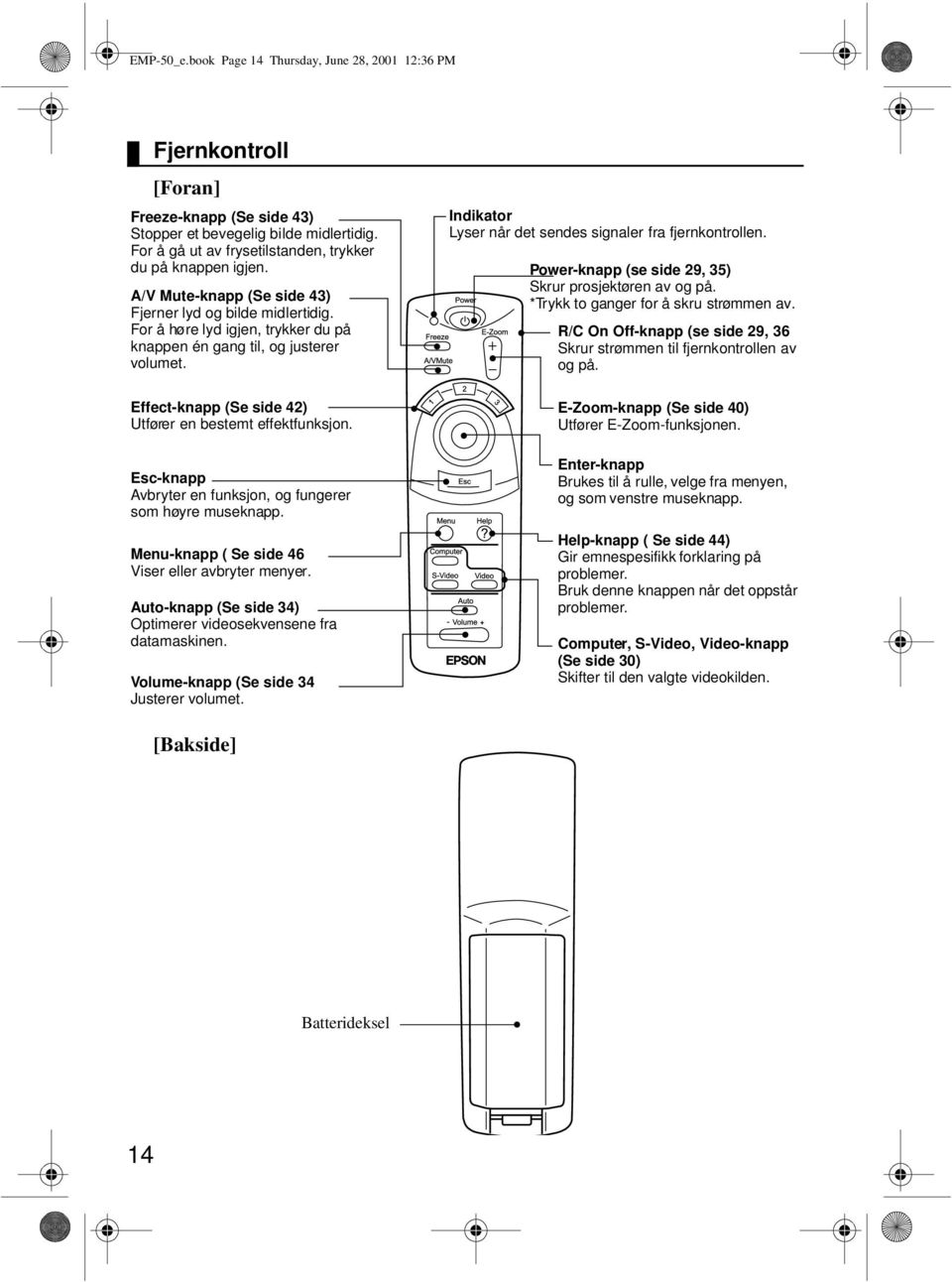 Effect-knapp (Se side 42) Utfører en bestemt effektfunksjon. Esc-knapp Avbryter en funksjon, og fungerer som høyre museknapp. Menu-knapp ( Se side 46 Viser eller avbryter menyer.