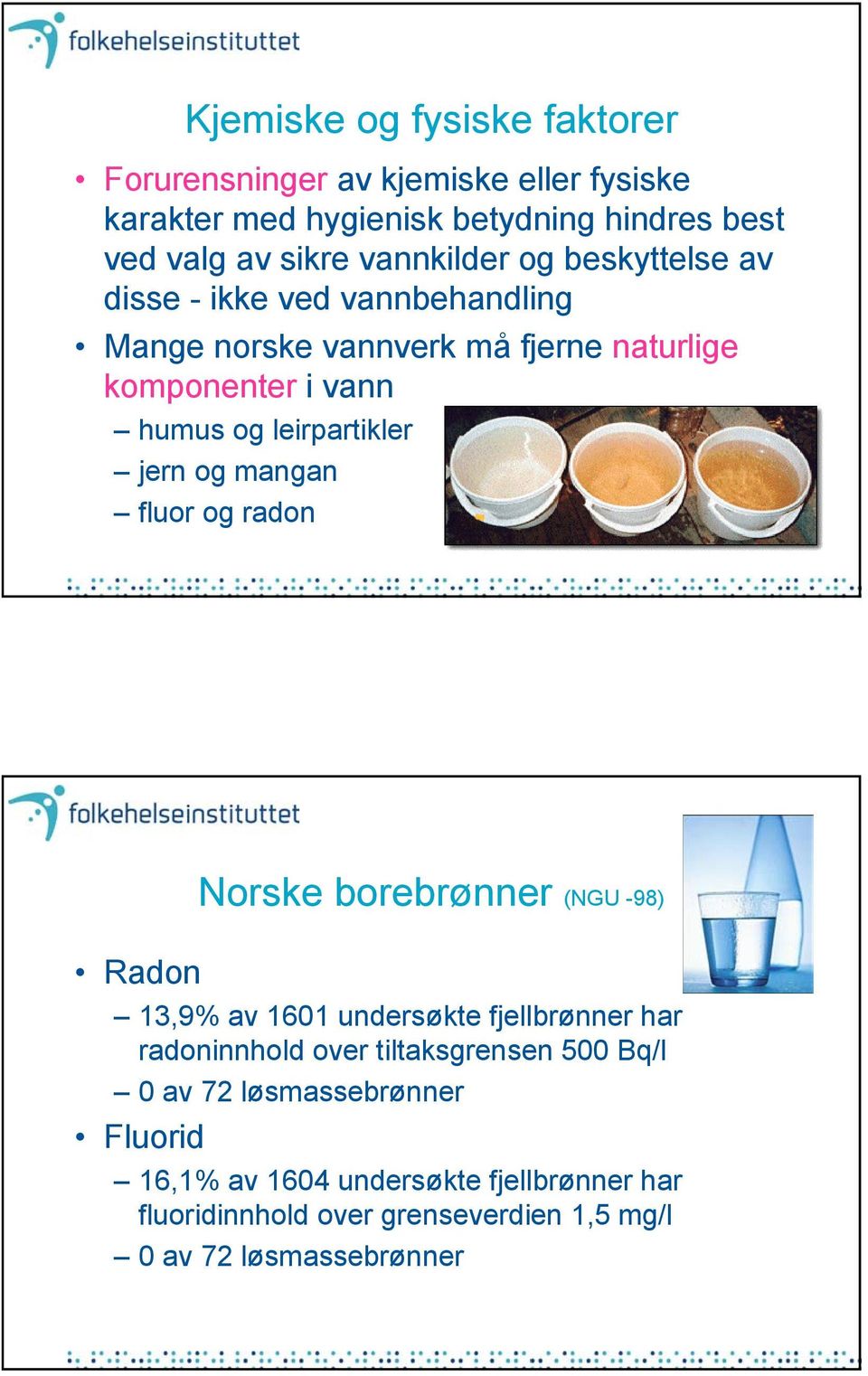 leirpartikler jern og mangan fluor og radon Norske borebrønner (NGU -98) Radon 13,9% av 1601 undersøkte fjellbrønner har radoninnhold over