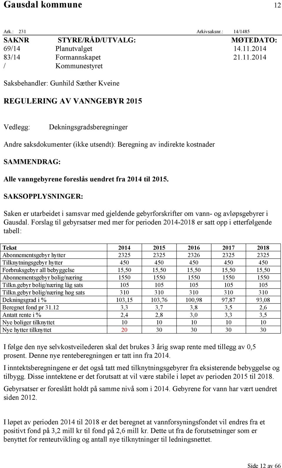 2014 / Kommunestyret Saksbehandler: Gunhild Sæther Kveine REGULERING AV VANNGEBYR 2015 Vedlegg: Dekningsgradsberegninger Andre saksdokumenter (ikke utsendt): Beregning av indirekte kostnader