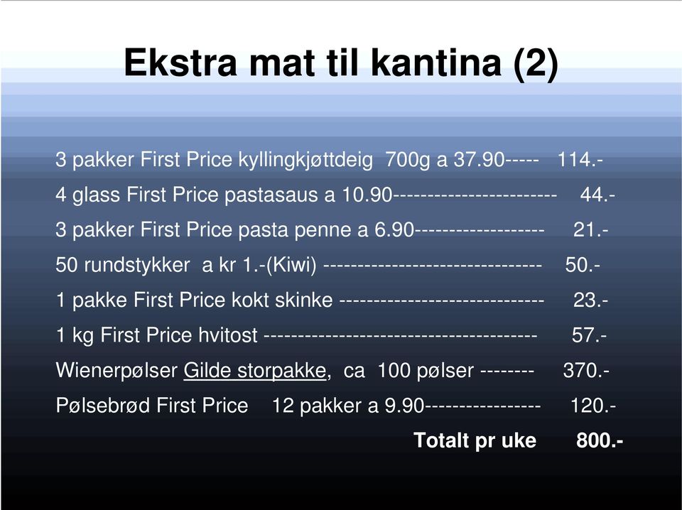 -(Kiwi) -------------------------------- 50.- 1 pakke First Price kokt skinke ------------------------------ 23.