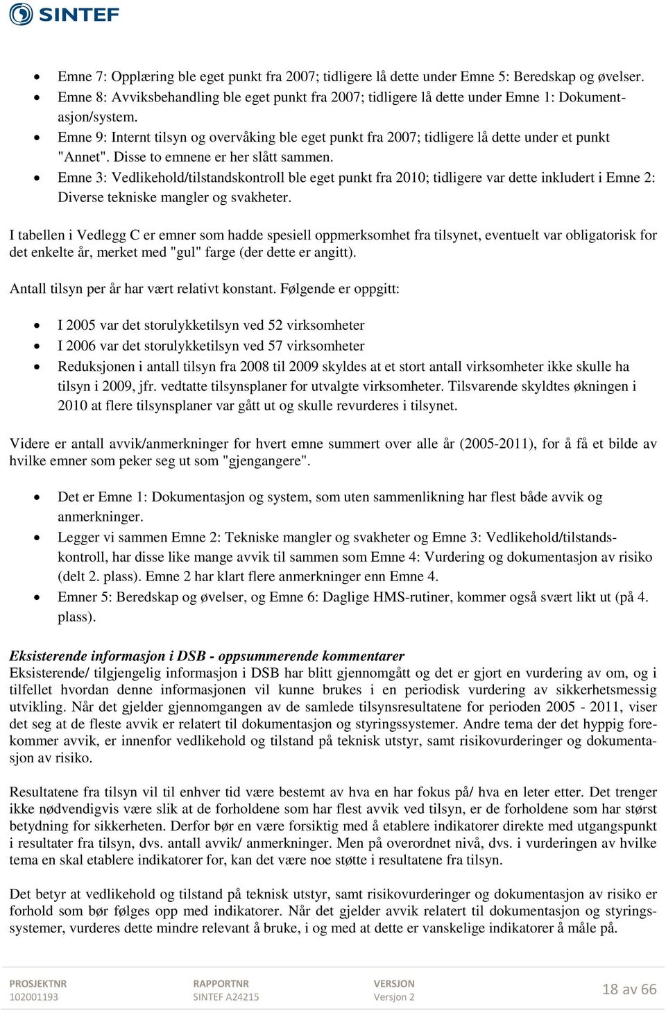 Emne 9: Internt tilsyn og overvåking ble eget punkt fra 2007; tidligere lå dette under et punkt "Annet". Disse to emnene er her slått sammen.