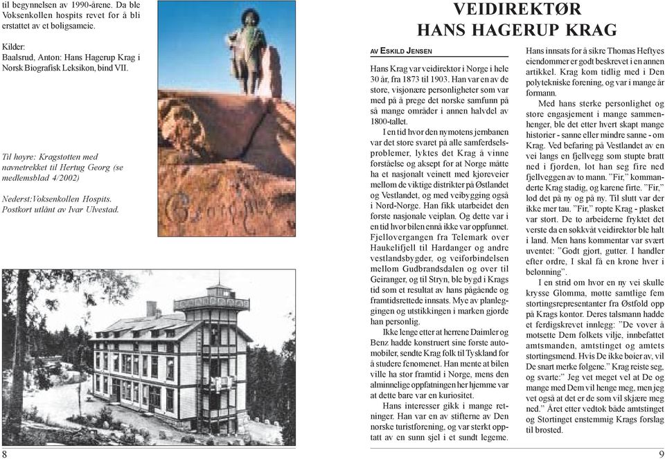 8 AV ESKILD JENSEN VEIDIREKTØR HANS HAGERUP KRAG Hans Krag var veidirektør i Norge i hele 30 år, fra 1873 til 1903.