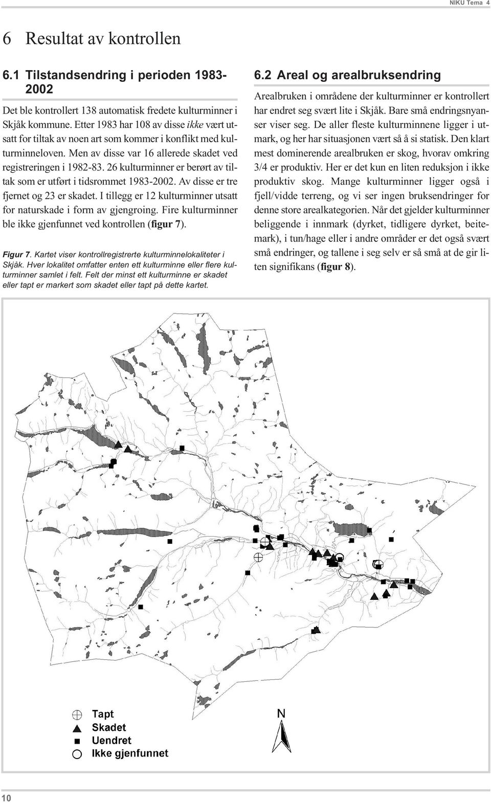 26 kulturminner er berørt av tiltak som er utført i tidsrommet 1983-2002. Av disse er tre fjernet og 23 er skadet. I tillegg er 12 kulturminner utsatt for naturskade i form av gjengroing.