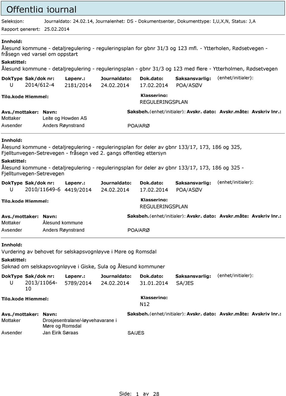 2014 POA/ASØV REGLERNGSPLAN Avs./mottaker: Navn: Saksbeh. Avskr. dato: Avskr.måte: Avskriv lnr.