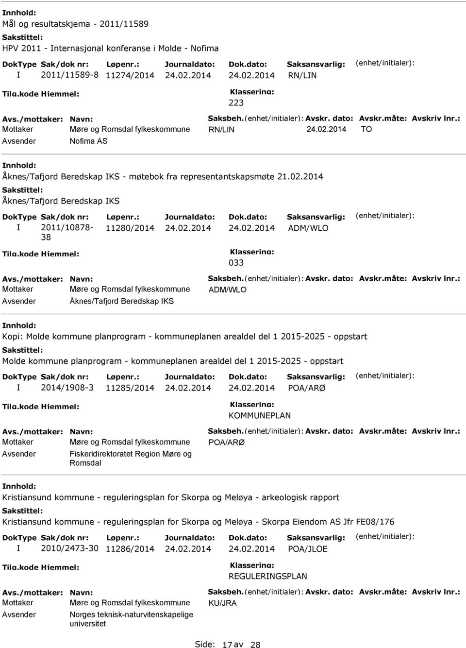 : 11280/2014 ADM/WLO 033 Avs./mottaker: Navn: Saksbeh. Avskr. dato: Avskr.måte: Avskriv lnr.