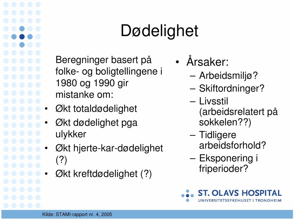 ) Økt kreftdødelighet (?) Årsaker: Arbeidsmiljø? Skiftordninger?