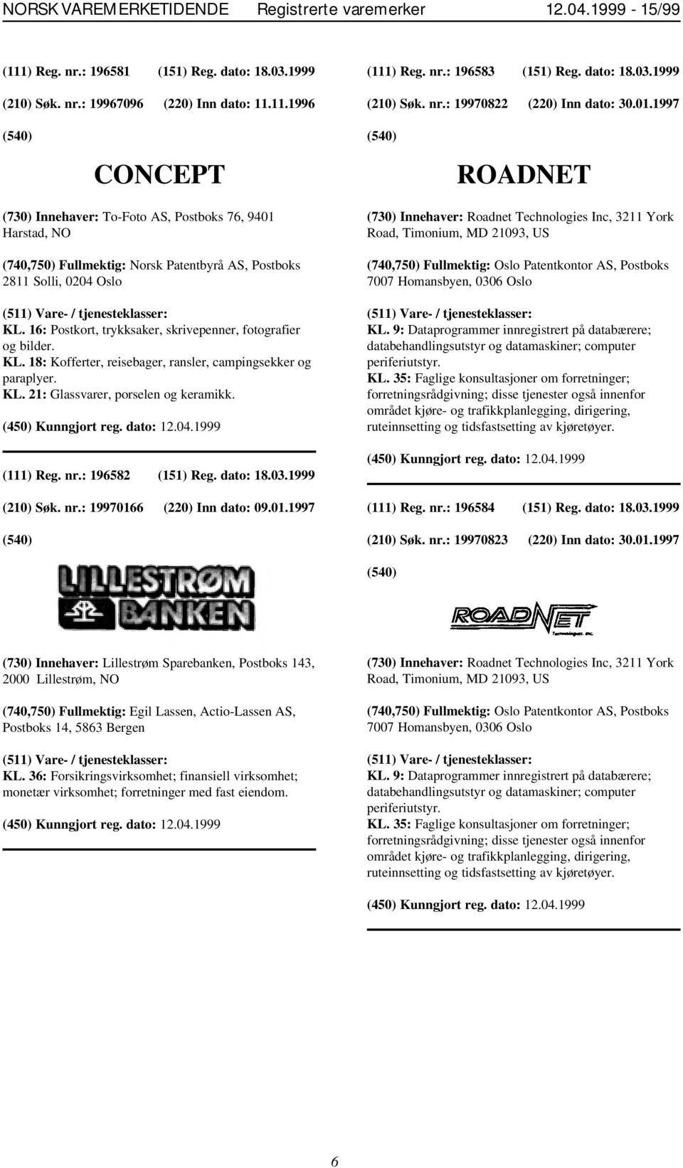 1997 CONCEPT ROADNET (730) Innehaver: To-Foto AS, Postboks 76, 9401 Harstad, NO (740,750) Fullmektig: Norsk Patentbyrå AS, Postboks 2811 Solli, 0204 Oslo KL.