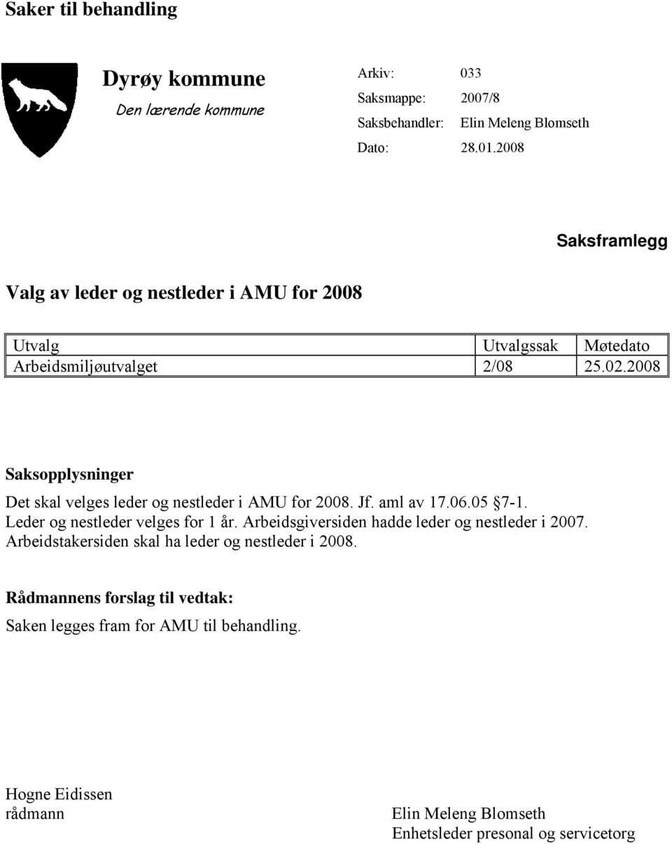 2008 Saksopplysninger Det skal velges leder og nestleder i AMU for 2008. Jf. aml av 17.06.05 7-1. Leder og nestleder velges for 1 år.