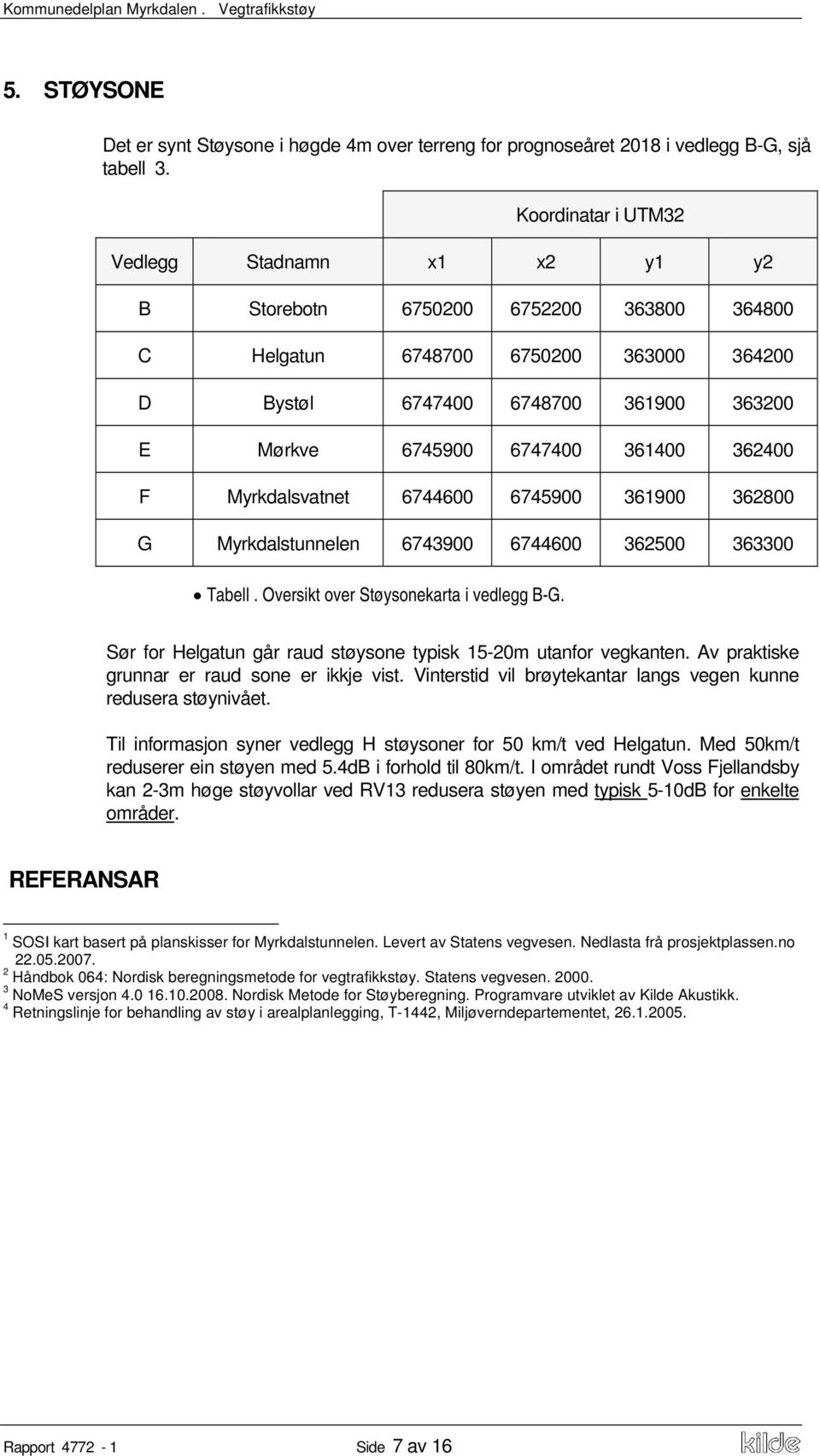 361400 362400 F Myrkdalsvatnet 6744600 6745900 361900 362800 G Myrkdalstunnelen 6743900 6744600 362500 363300 Tabell. Oversikt over Støysonekarta i vedlegg B-G.