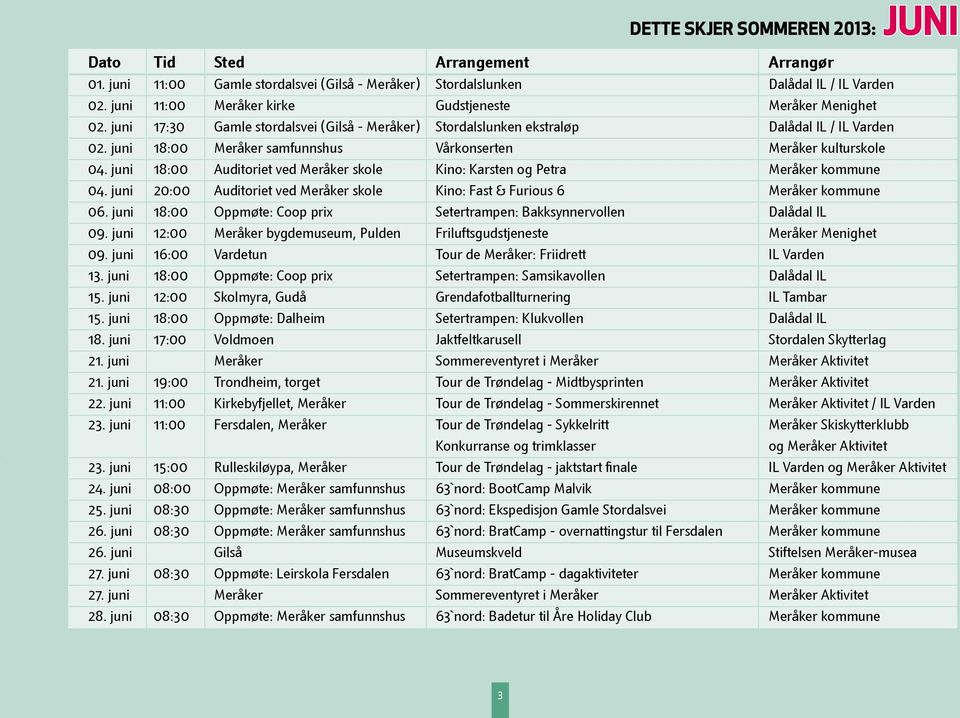 juni 18:00 Meråker samfunnshus Vårkonserten Meråker kulturskole 04. juni 18:00 Auditoriet ved Meråker skole Kino: Karsten og Petra Meråker kommune 04.