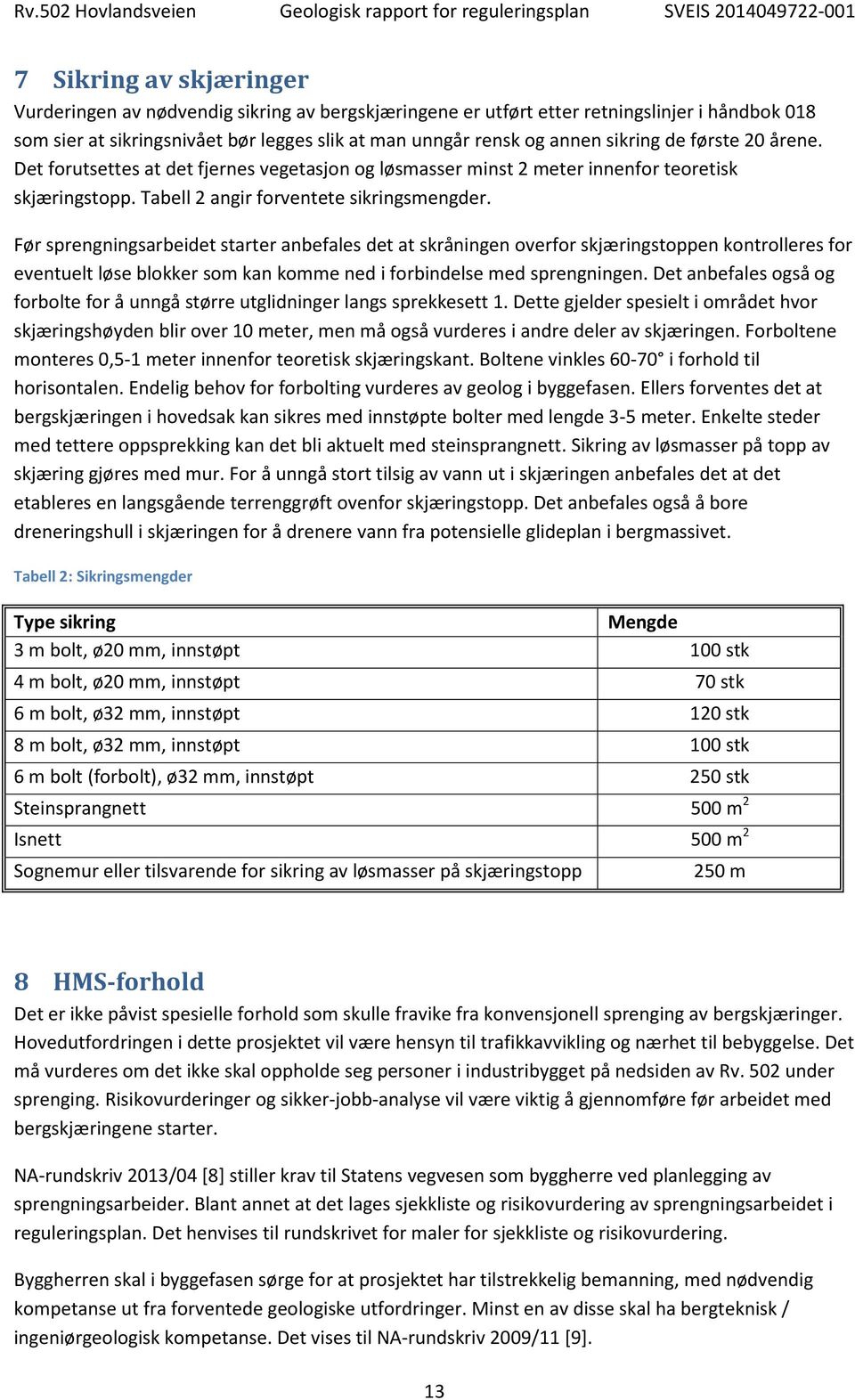 Før sprengningsarbeidet starter anbefales det at skråningen overfor skjæringstoppen kontrolleres for eventuelt løse blokker som kan komme ned i forbindelse med sprengningen.