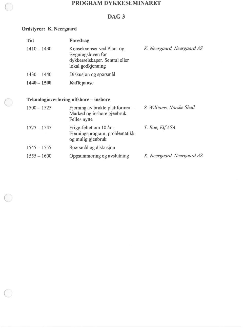 Sentral eller lokal godkjenning Diskusjon og spørsmål 1440 1500 Teknologioverføring offshore inshore 1500 Fjerning av brukte plattformer