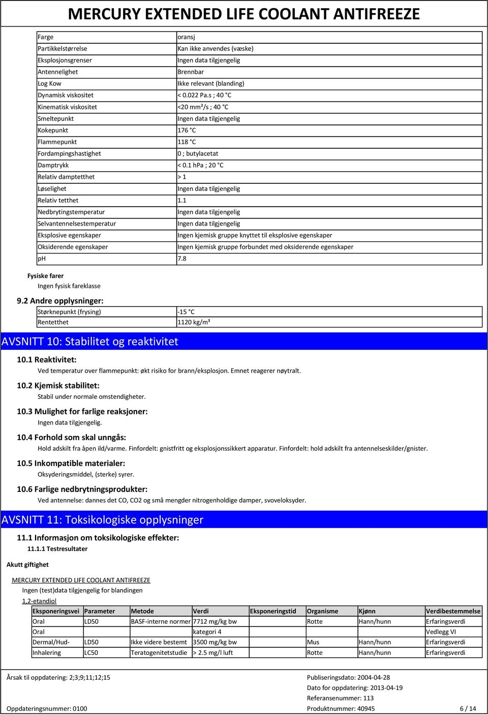 1 hpa ; 20 C Relativ damptetthet > 1 Løselighet Relativ tetthet 1.1 Nedbrytingstemperatur Selvantennelsestemperatur Eksplosive egenskaper Oksiderende egenskaper ph 7.