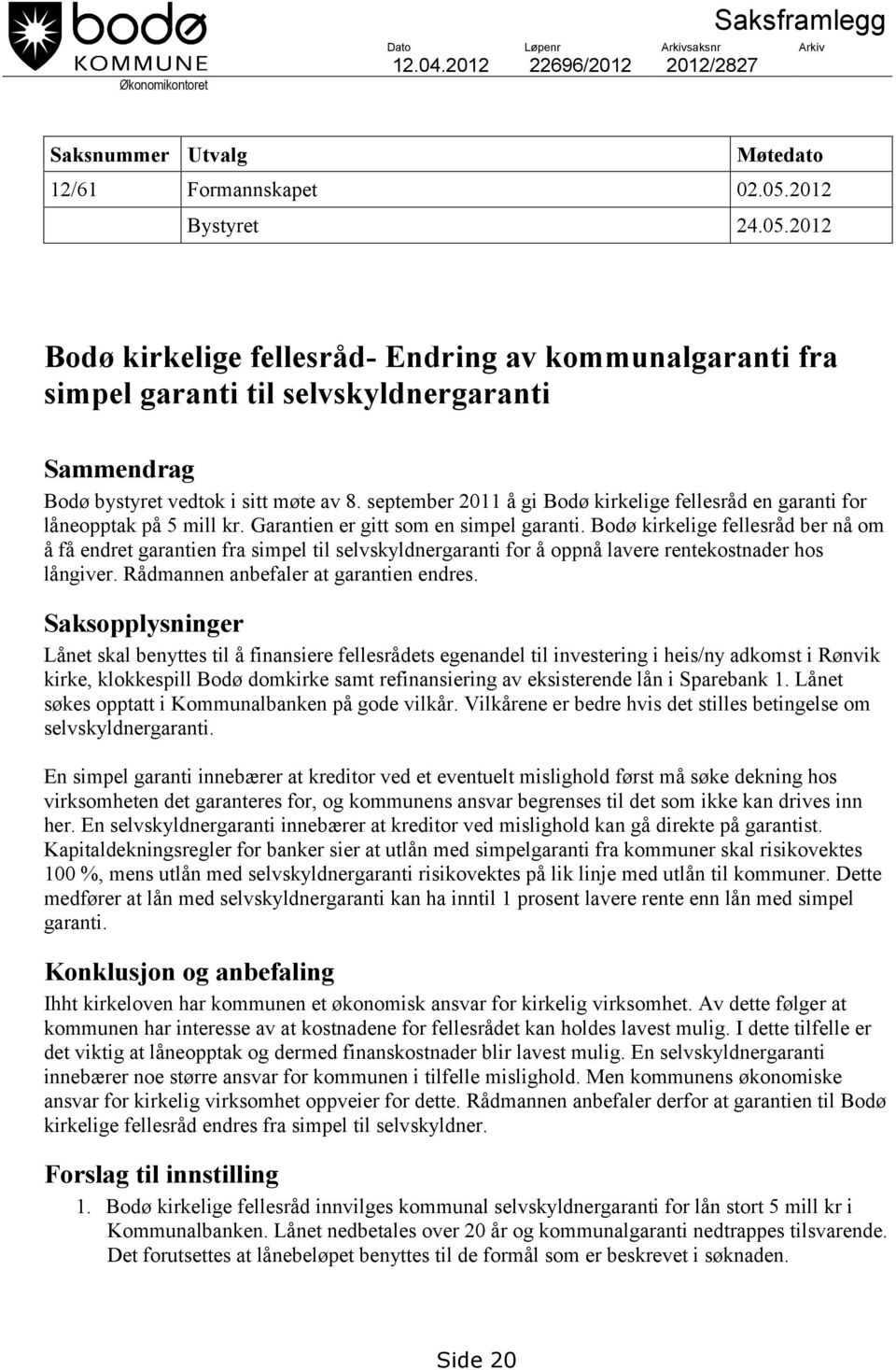 september 2011 å gi Bodø kirkelige fellesråd en garanti for låneopptak på 5 mill kr. Garantien er gitt som en simpel garanti.