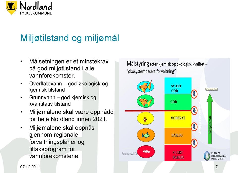 Overflatevann god økologisk og kjemisk tilstand Grunnvann god kjemisk og kvantitativ