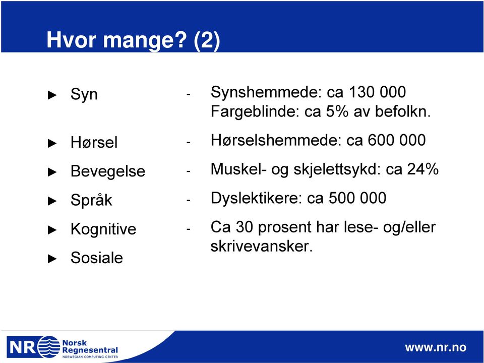 ca 130 000 Fargeblinde: ca 5% av befolkn.