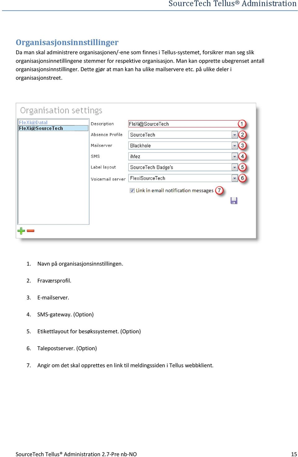 på ulike deler i organisasjonstreet. 1. Navn på organisasjonsinnstillingen. 2. Fraværsprofil. 3. E-mailserver. 4. SMS-gateway. (Option) 5.