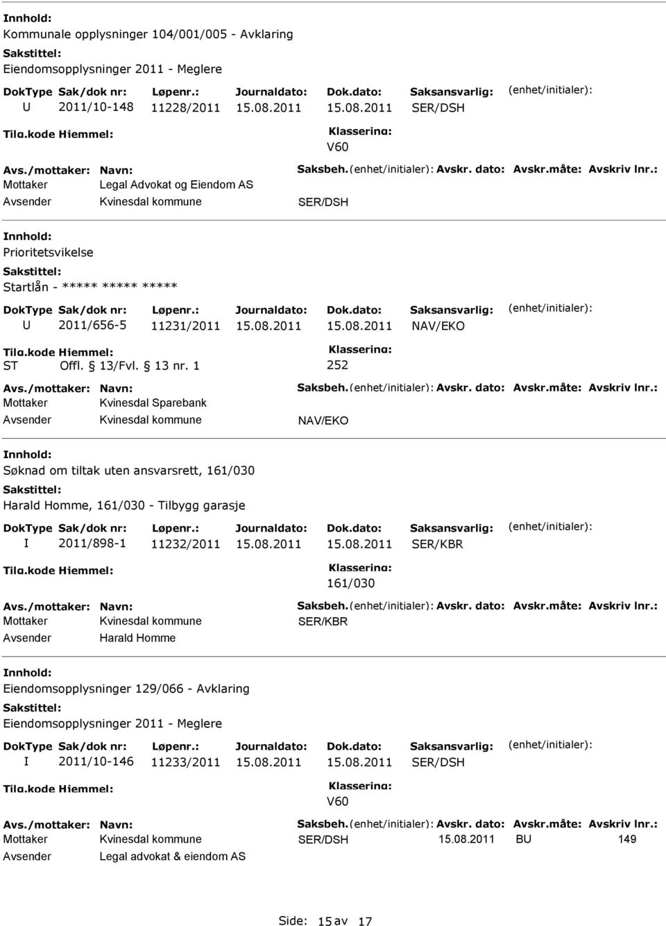 måte: Avskriv lnr.: Mottaker Kvinesdal Sparebank NAV/EKO Søknad om tiltak uten ansvarsrett, 161/030 Harald Homme, 161/030 - Tilbygg garasje 2011/898-1 11232/2011 SER/KBR 161/030 Avs.