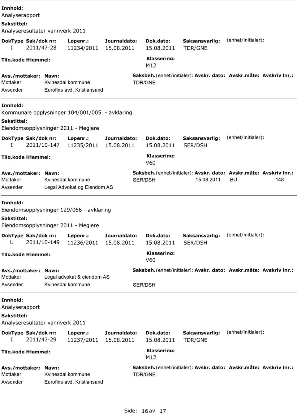 : B 148 Legal Advokat og Eiendom AS Eiendomsopplysninger 129/066 - avklaring Eiendomsopplysninger 2011 - Meglere 2011/10-149 11236/2011 V60 Avs./mottaker: Navn: Saksbeh. Avskr. dato: Avskr.