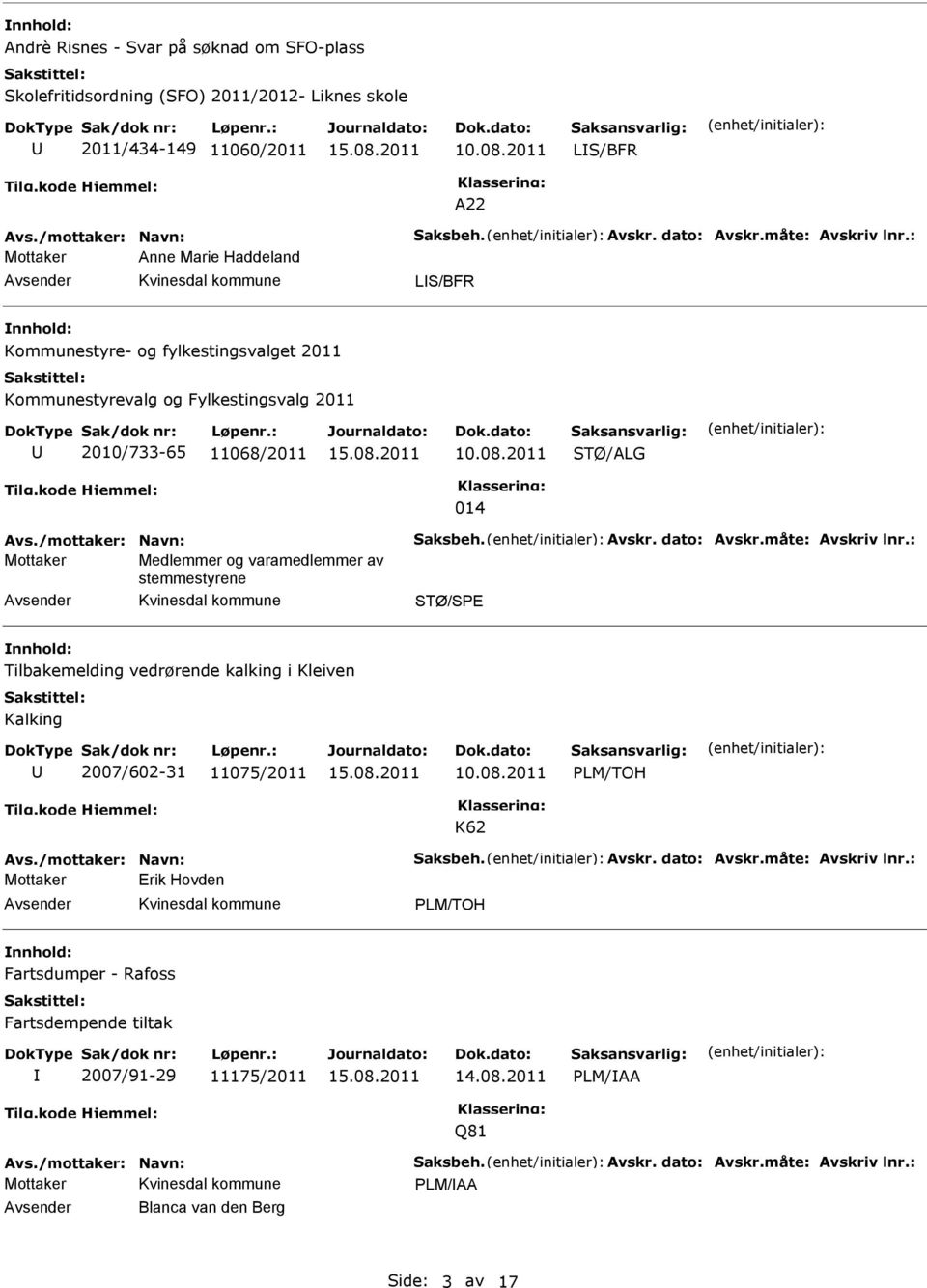 dato: Avskr.måte: Avskriv lnr.: Mottaker Medlemmer og varamedlemmer av stemmestyrene STØ/SPE Tilbakemelding vedrørende kalking i Kleiven Kalking 2007/602-31 11075/2011 PLM/TOH K62 Avs.