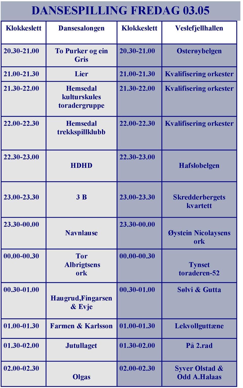 00-23.30 3 B 23.00-23.30 Skredderbergets kvartett 23.30-00.00 Navnlause 23.30-00.00 Øystein Nicolaysens ork 00.00-00.30 Tor Albrigtsens ork 00.00-00.30 Tynset toraderen-52 00.30-01.