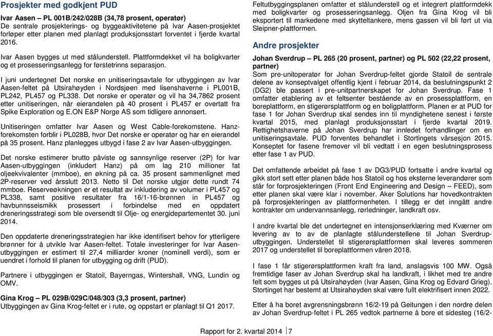 I juni undertegnet Det norske en unitiseringsavtale for utbyggingen av Ivar Aasen-feltet på Utsirahøyden i Nordsjøen med lisenshaverne i PL001B, PL242, PL457 og PL338.