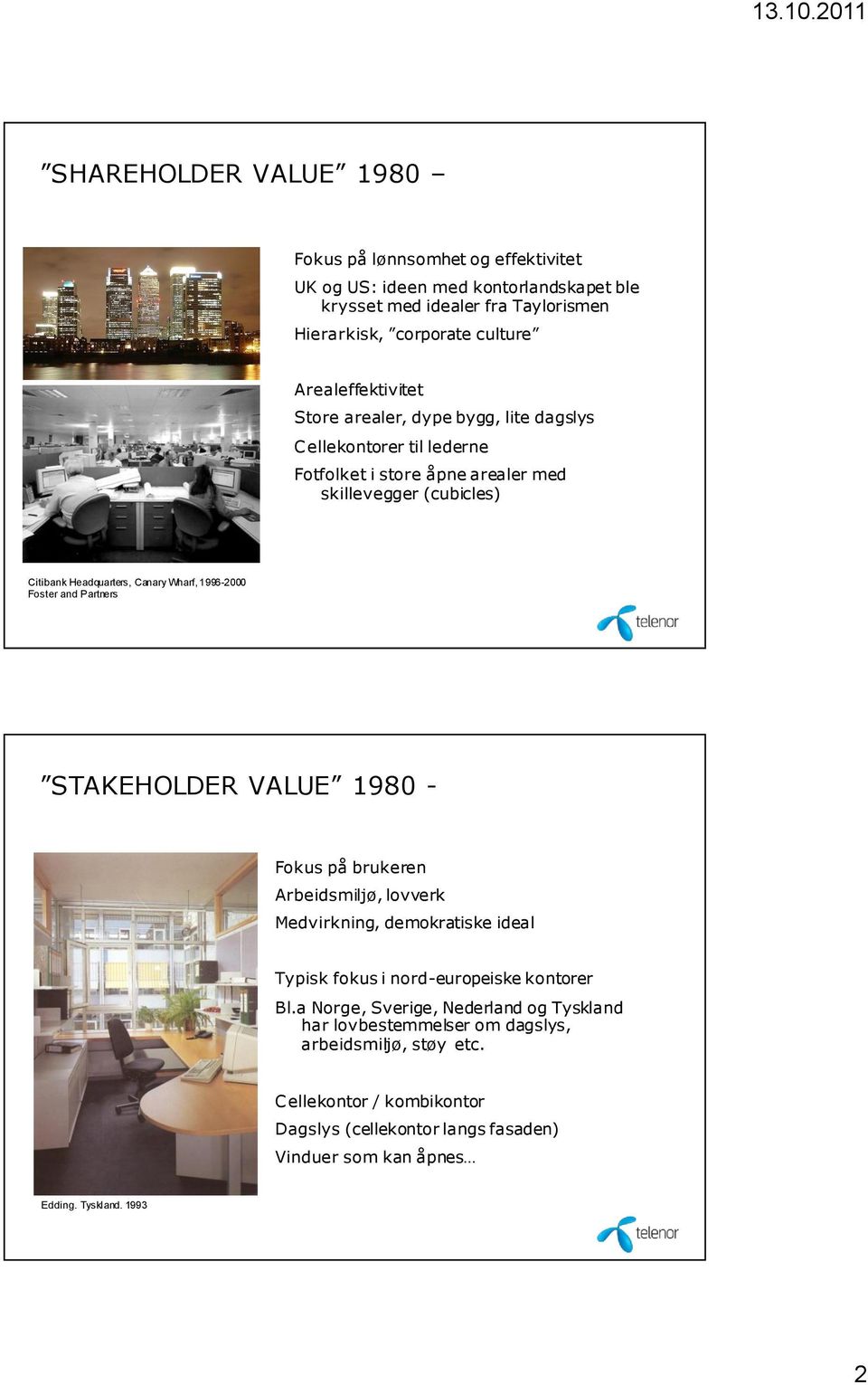 1996-2000 Foster and Partners STAKEHOLDER VALUE 1980 - Fokus på brukeren Arbeidsmiljø, lovverk Medvirkning, demokratiske ideal Typisk fokus i nord-europeiske kontorer Bl.