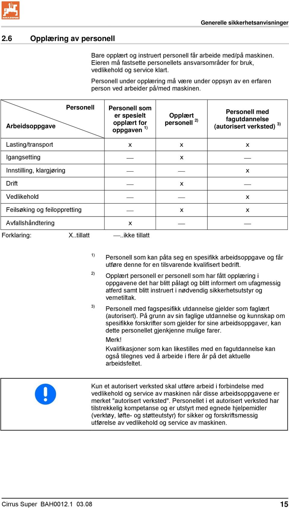 Arbeidsoppgave Personell Personell som er spesielt opplært for oppgaven 1) Opplært personell 2) Personell med fagutdannelse (autorisert verksted) 3) Lasting/transport x x x Igangsetting x