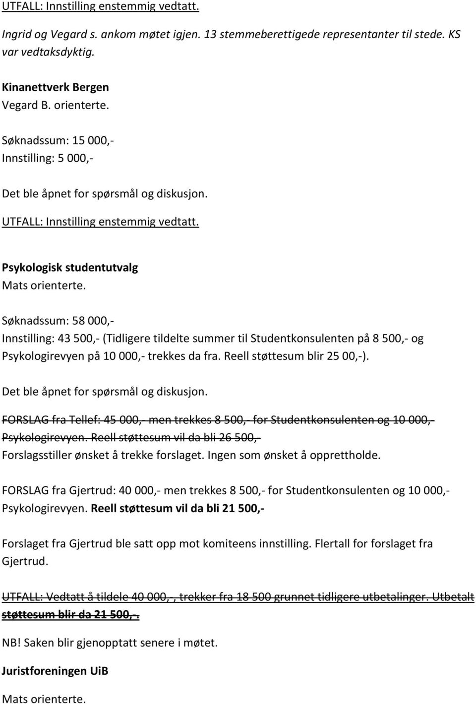 Søknadssum: 58 000,- Innstilling: 43 500,- (Tidligere tildelte summer til Studentkonsulenten på 8 500,- og Psykologirevyen på 10 000,- trekkes da fra. Reell støttesum blir 25 00,-).