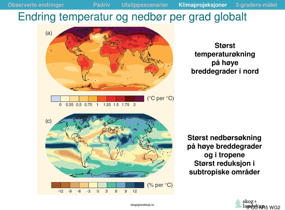 temperaturøkning på høye breddegrader i nord Størst nedbørsøkning på