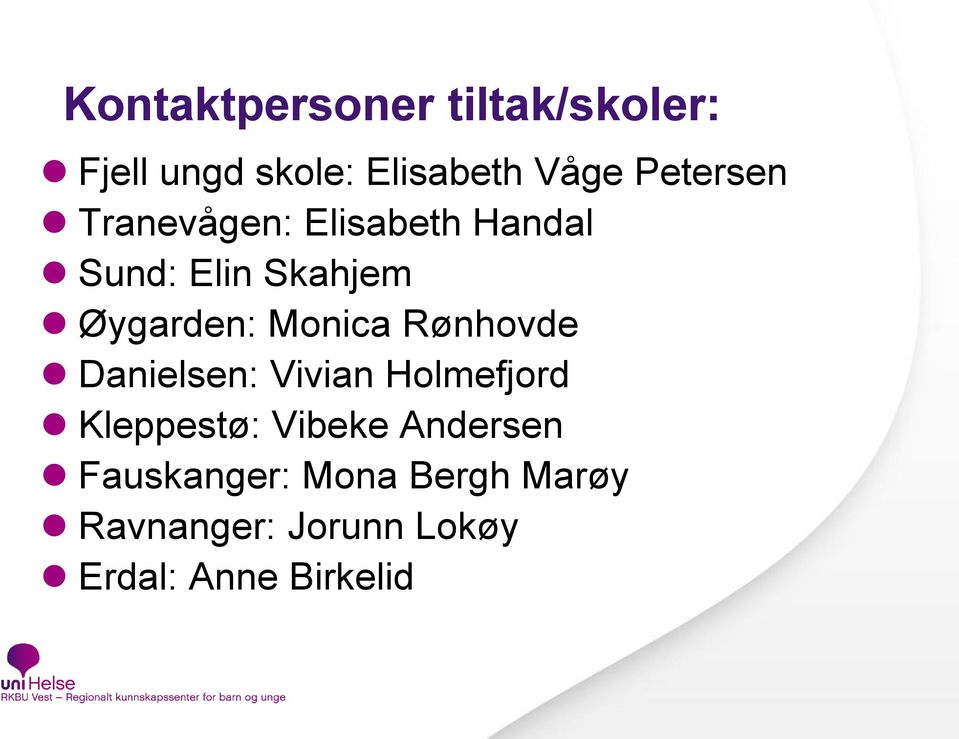 Monica Rønhovde Danielsen: Vivian Holmefjord Kleppestø: Vibeke